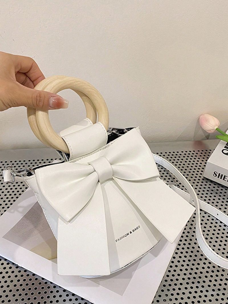 Mini Bucket Bag White Bow Decor Double Handle For Daily