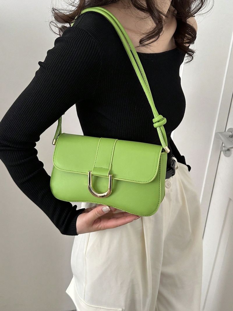 Metal Decor Baguette Bag Flap PU Beige