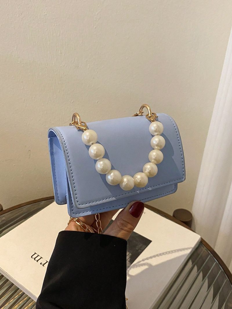 Mini Square Bag Faux Pearl Decor Flap PU