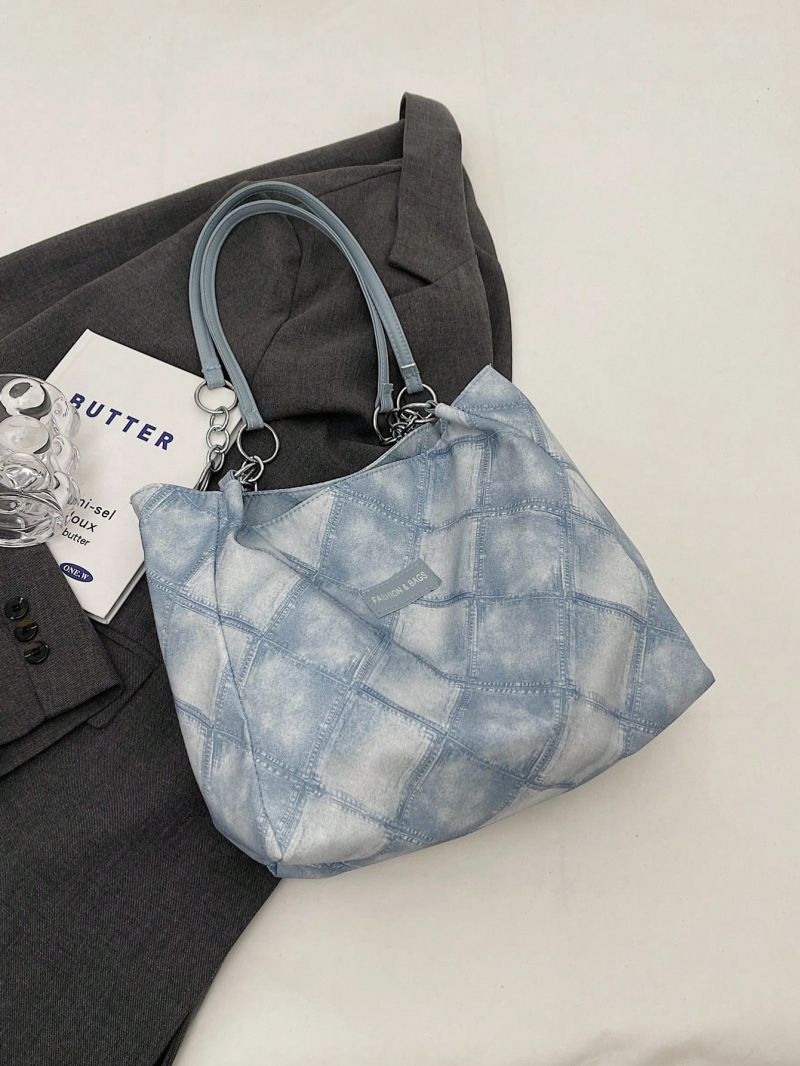 Plaid Pattern Shoulder Tote Bag Letter Patch Detail