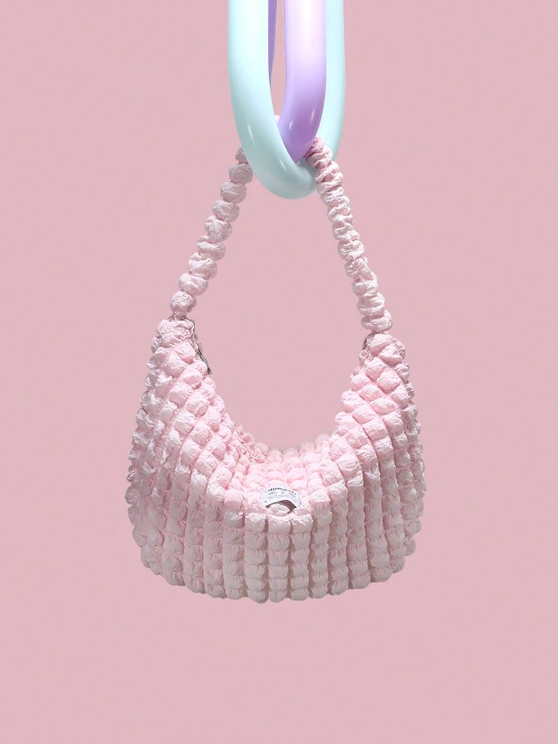 Letter Patch Decor Ruched Bag Zipper Pink