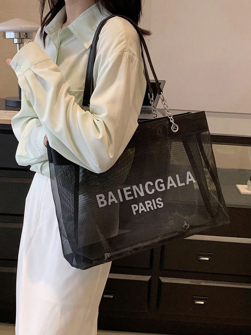 Medium Shopper Bag Mesh Design Letter Graphic With Coin Purse, Clear Bag