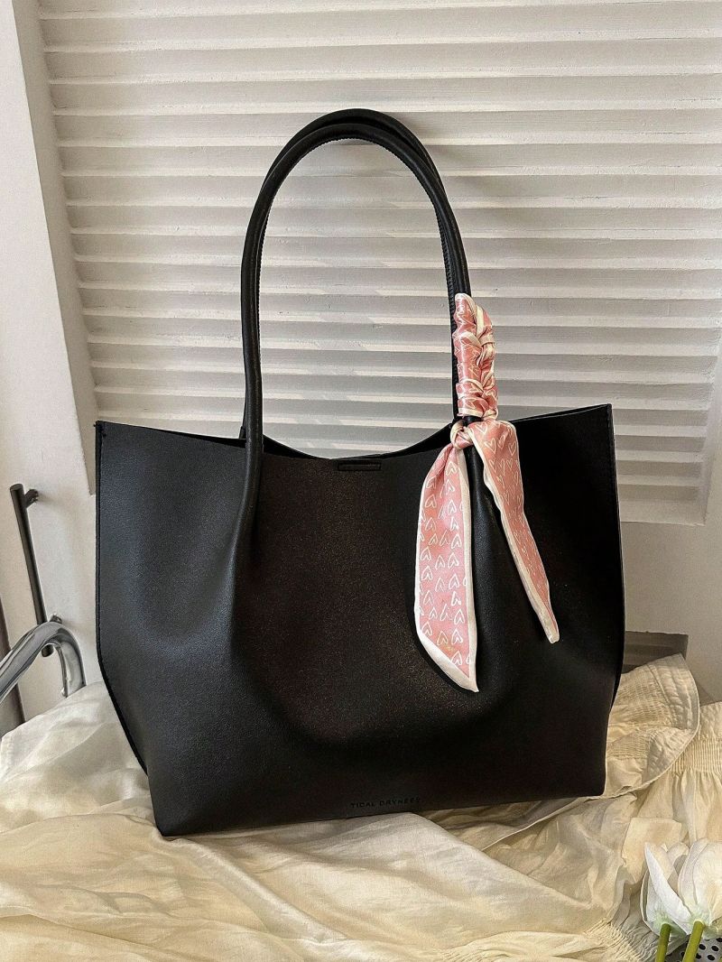 Large Capacity Tote Bag Double Handle Solid Color Twilly Scarf Decor