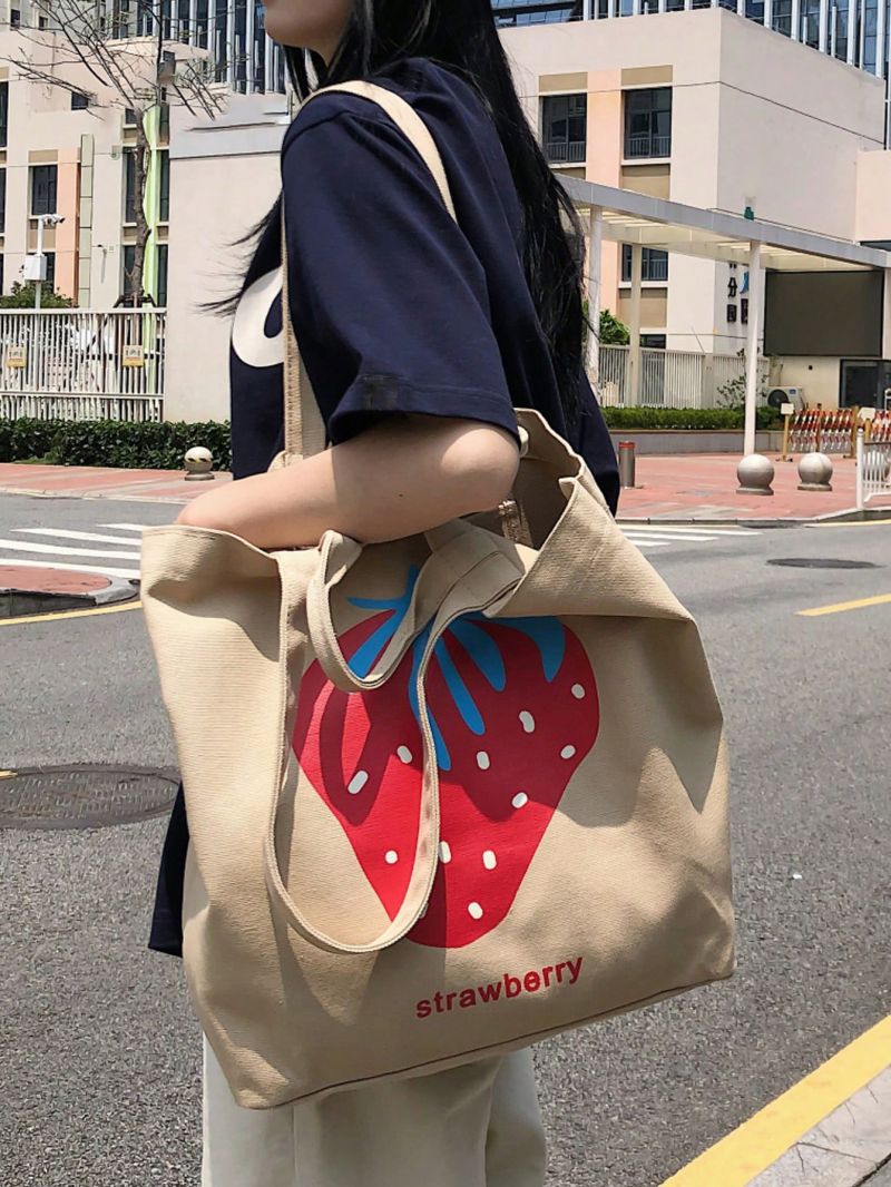 Large Capacity Shopper Bag Cute Cartoon Strawberry Print Double Handle