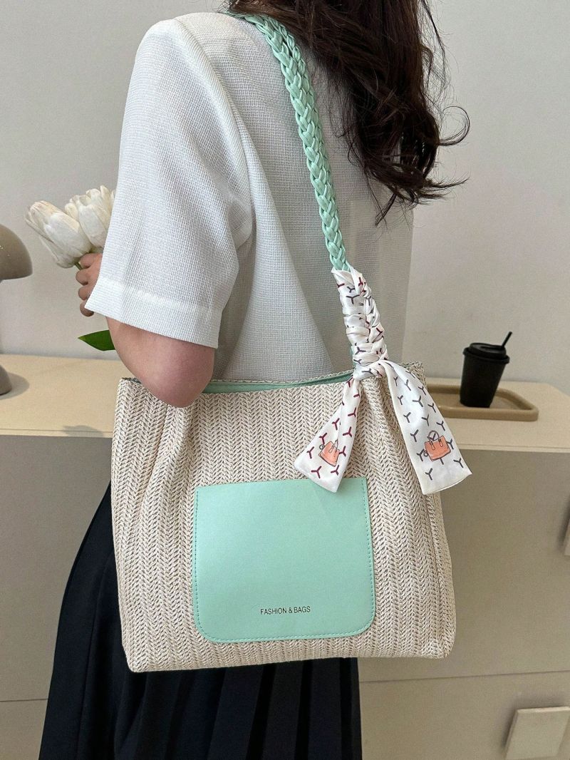 Medium Straw Bag Letter Patch & Twilly Scarf Decor