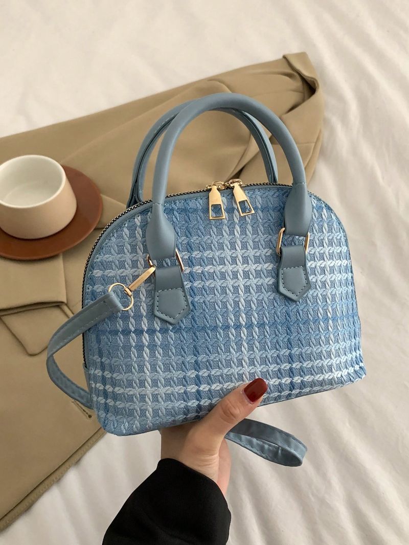 Small Dome Bag Plaid Pattern Zipper Double Handle PU