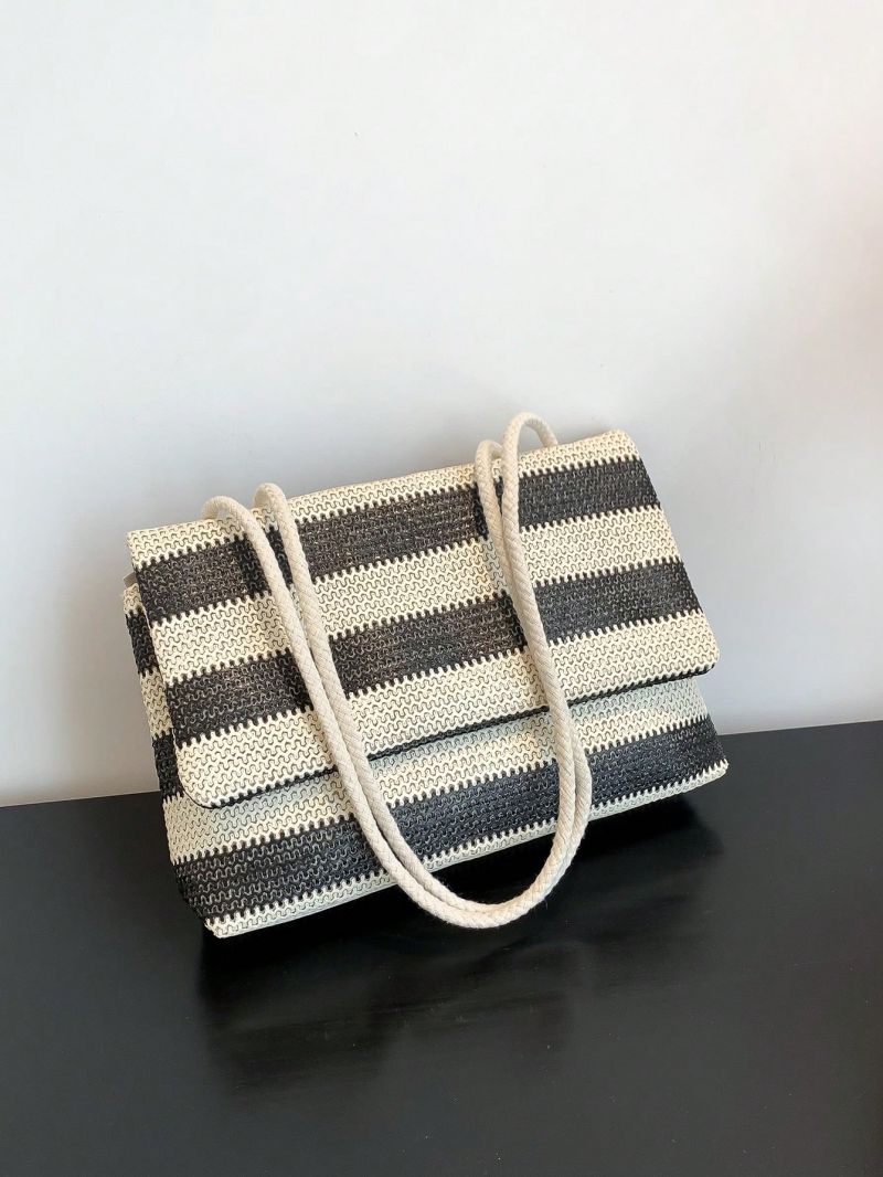 Stripe Pattern Square Bag Braided Double Handle