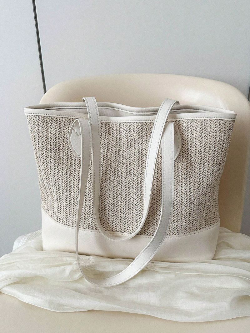 Small Straw Bag Braided Detail Zipper Double Handle