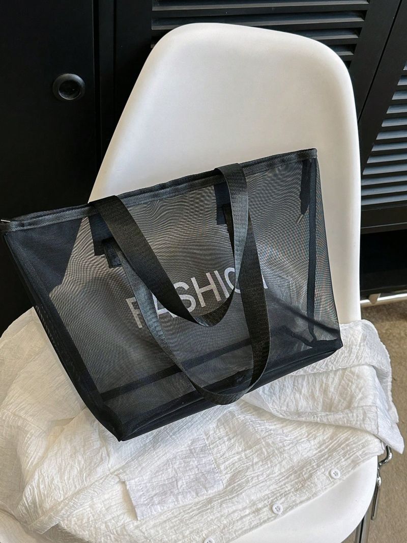 Large Beach Bag Letter Graphic Double Handle Zipper Polyester