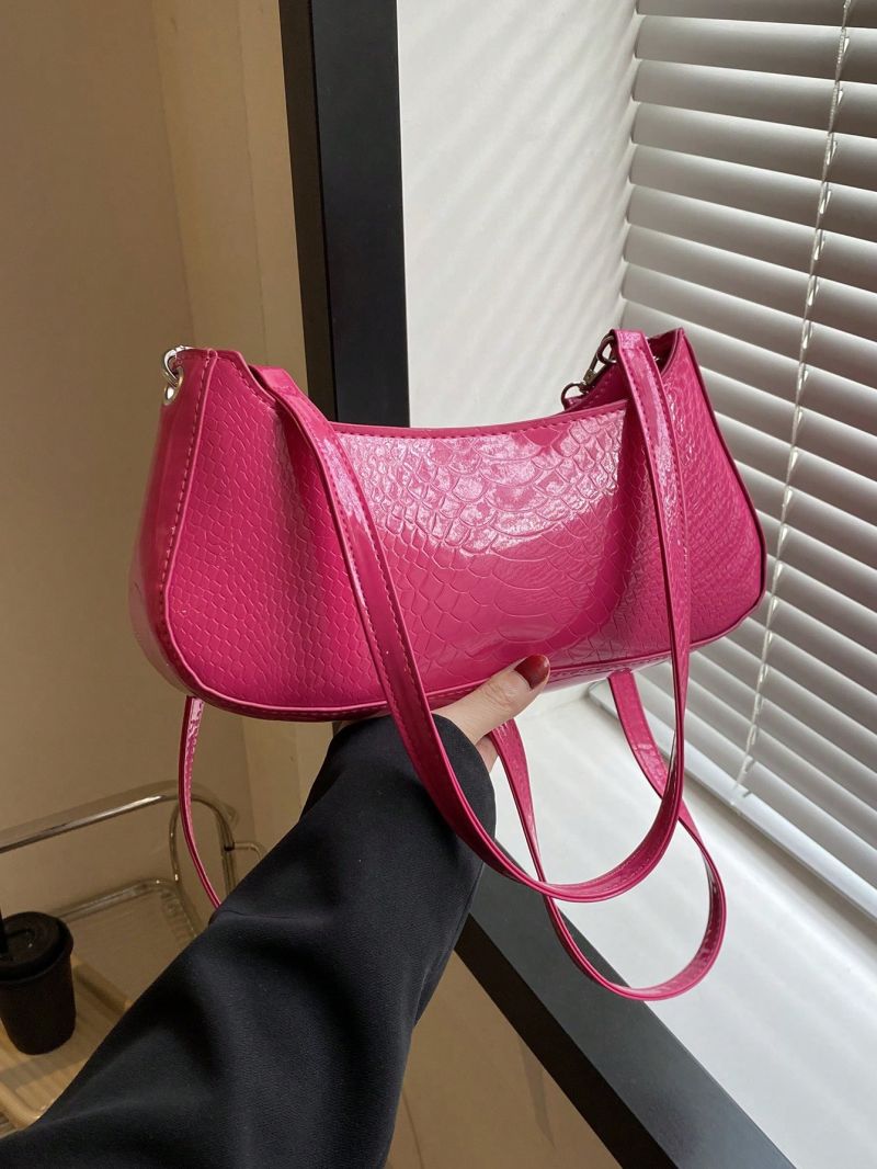 Snakeskin Embossed Baguette Bag With Zipper Neon Pink PU