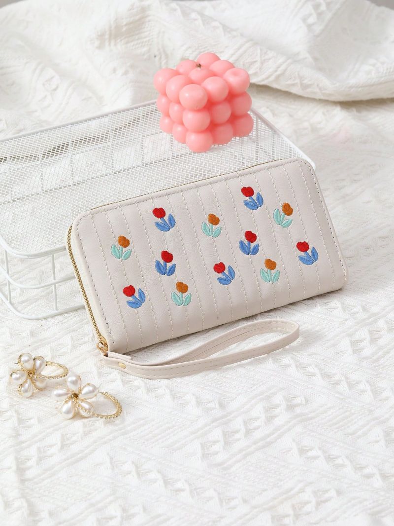 Floral Embroidered Long Wallet Zipper PU With Wristlet