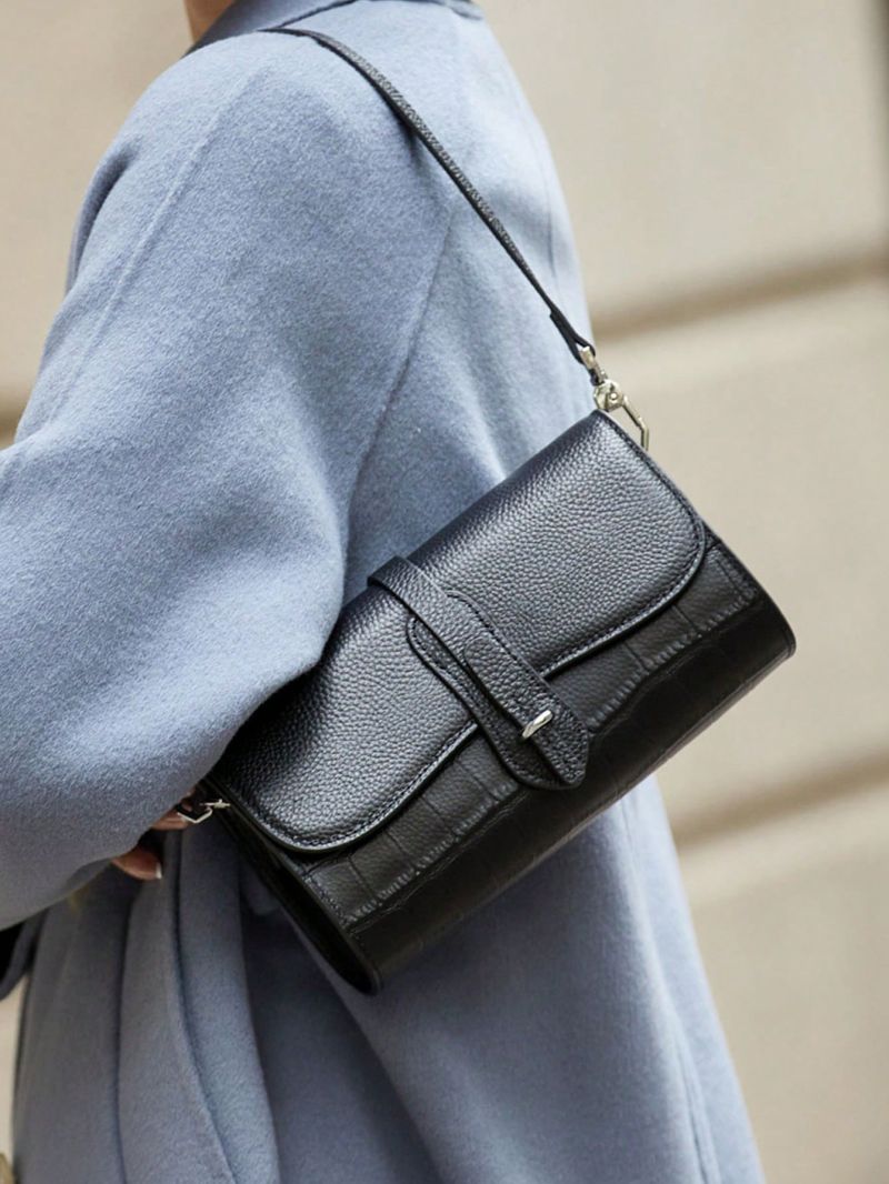 Genuine Leather Square Bag Litchi & Crocodile Embossed Flap