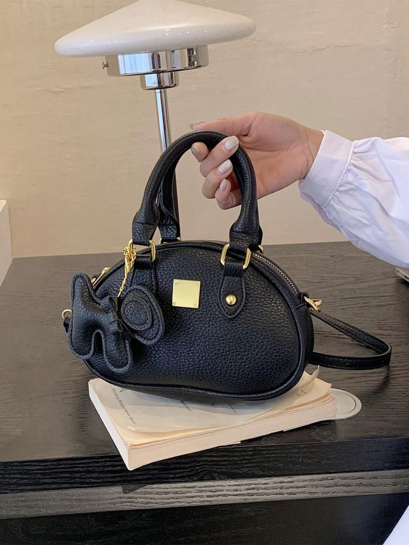 Small Dome Bag With Bag Charm Litchi Embossed Zipper PU