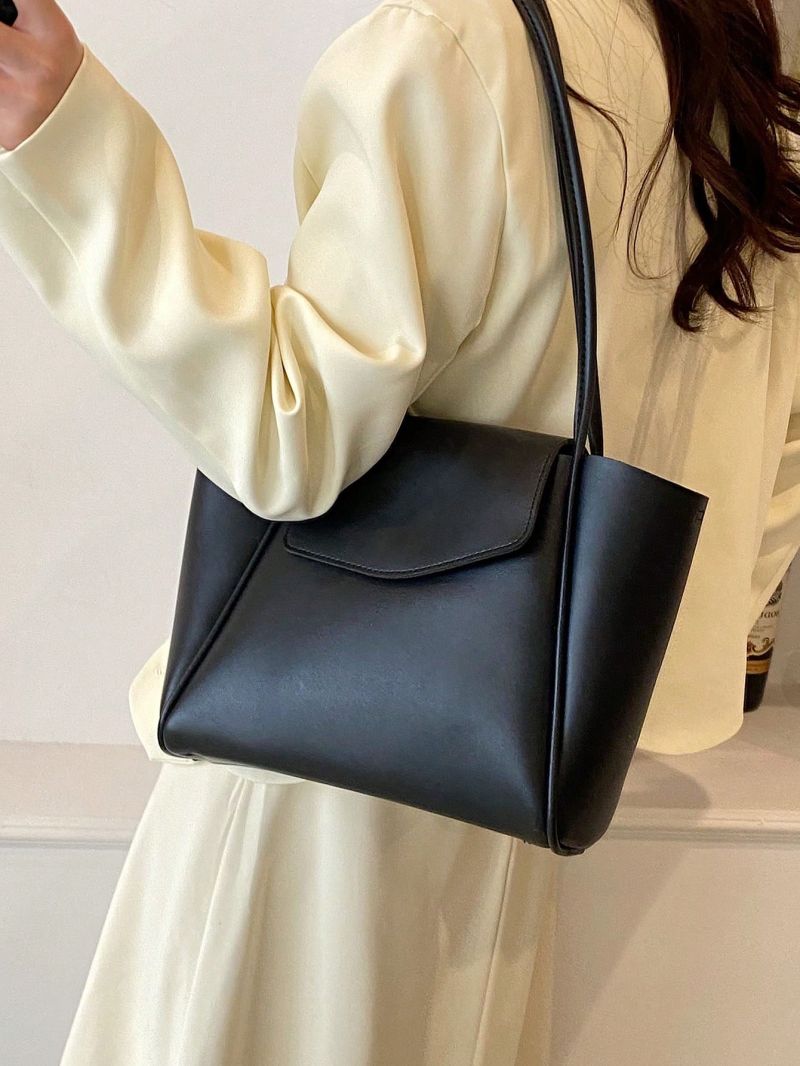 Small Shoulder Tote Bag Minimalist PU Flap Black
