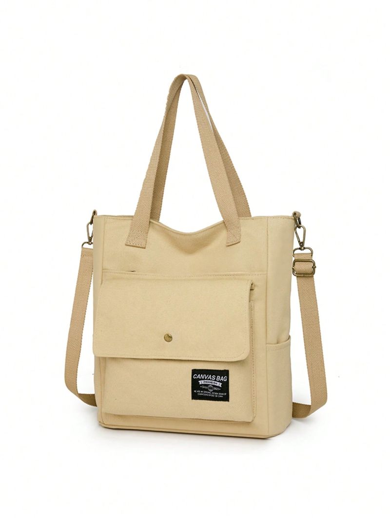 Letter Patch Shoulder Tote Bag Khaki Double Handle For Daily