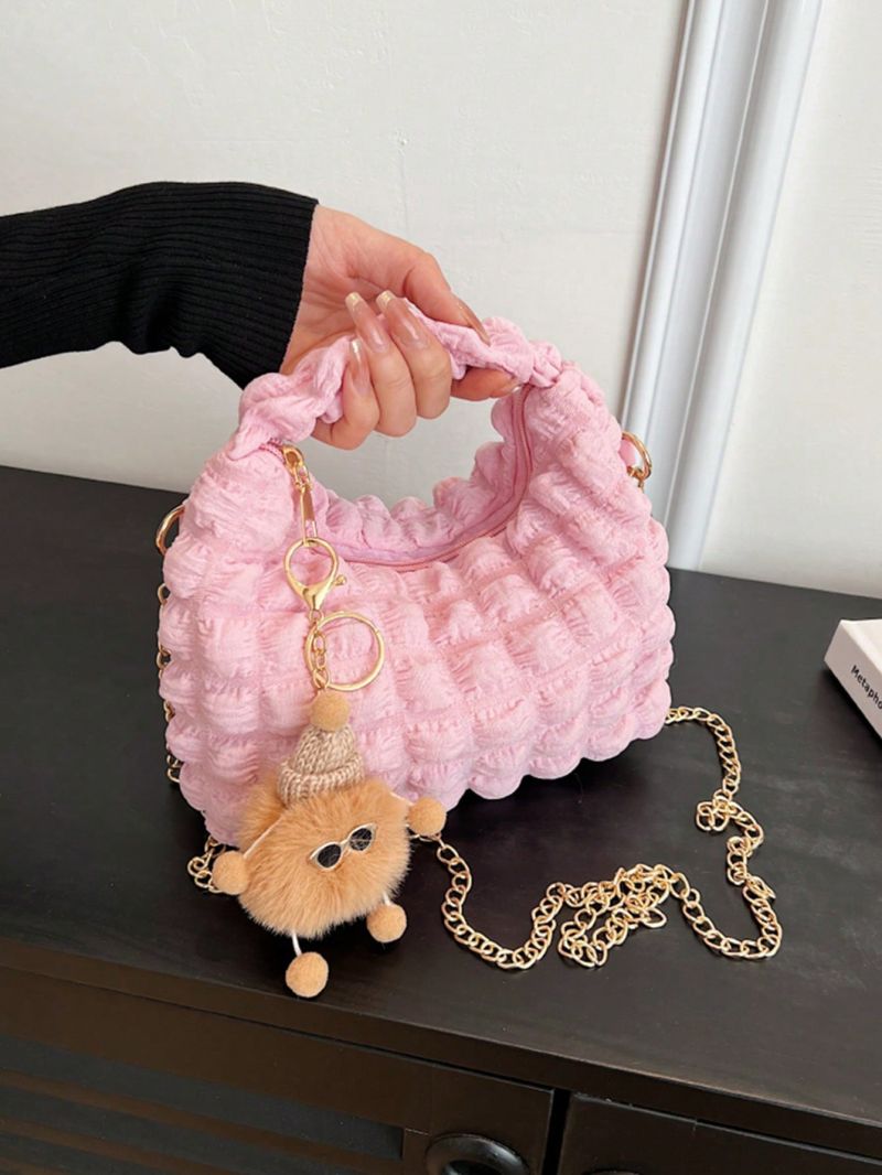 Mini Ruched Bag With Pom Pom Bag Charm Chain Strap