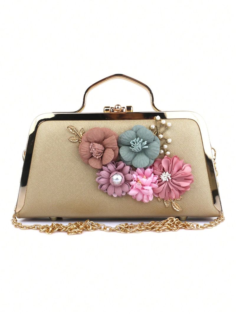 Small Box Bag Flower Decor Gold Top Handle For Party, Perfect Bride Purse For Wedding, Prom & Party Events