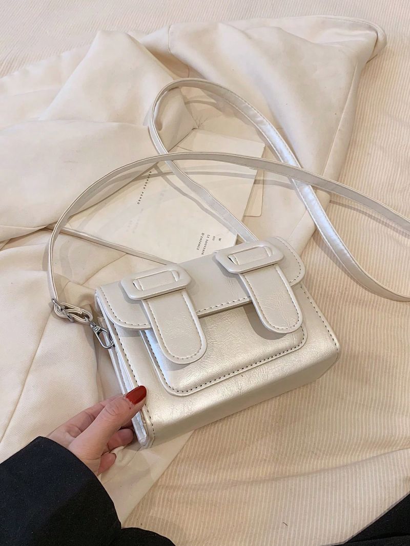 Mini Messenger Bag Silver Square Buckle Decor Adjustable-strap PU