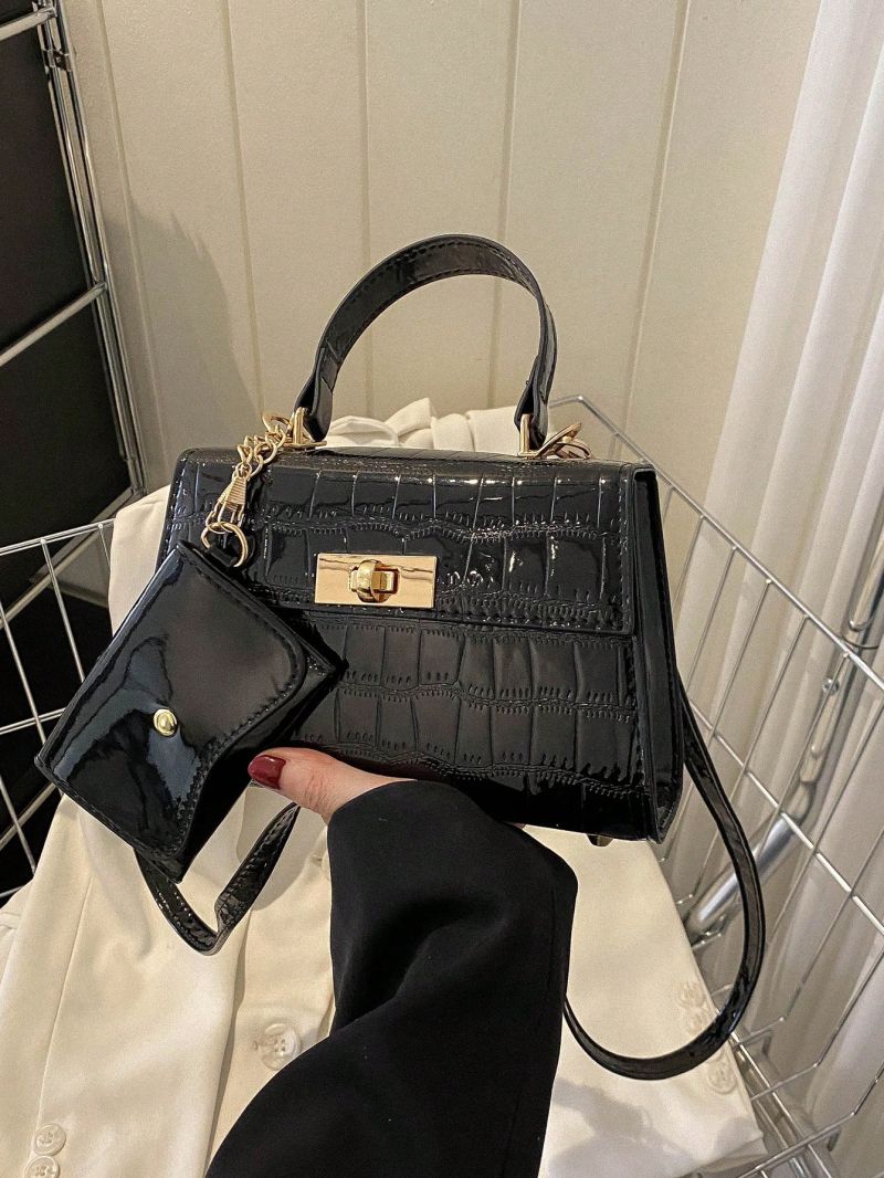 Mini Square Bag With Small Pouch Crocodile Embossed PU Twist Lock