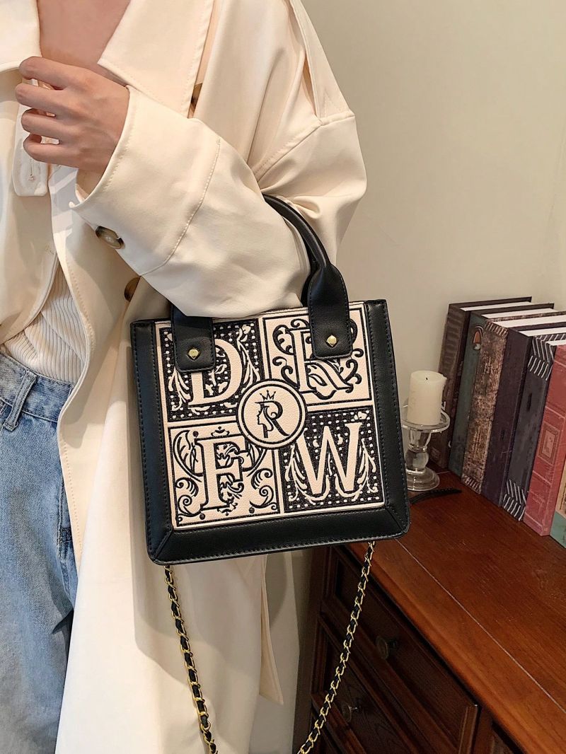 Small Square Bag Letter Embroidery Design Double Handle Chain Strap
