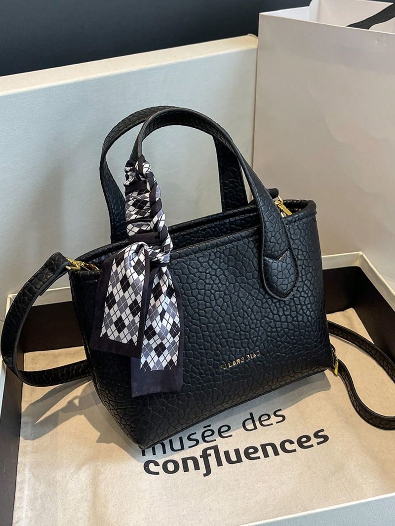 Small Satchel Bag Letter Detail Twilly Scarf Decor Double Handle