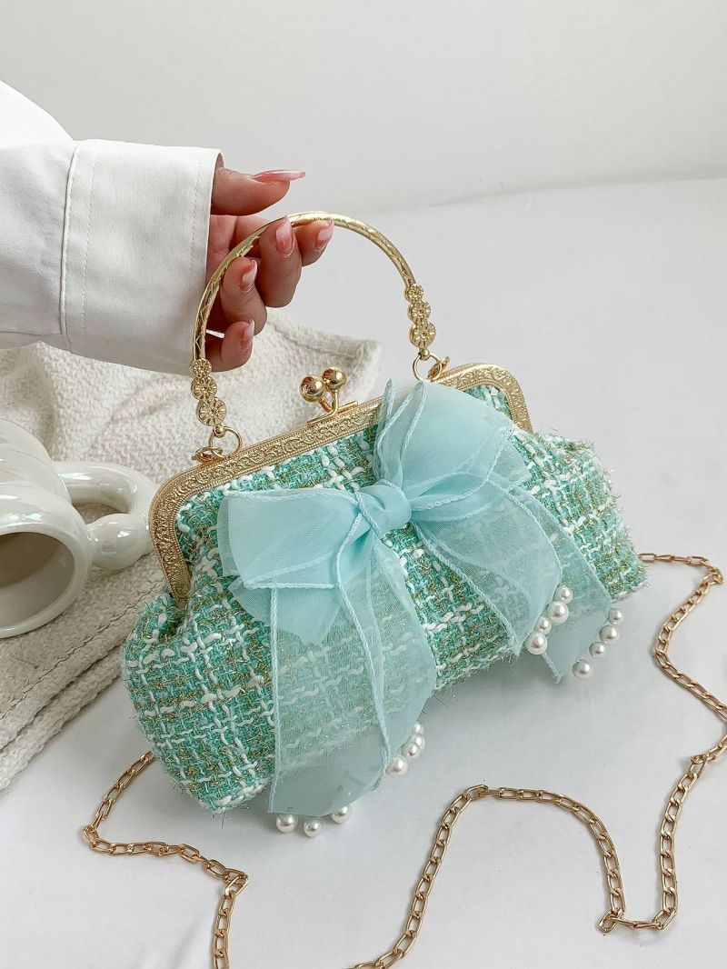 Fashion Tweed Handbag, Bow Decor Top Handle Bag, Women's Kiss Lock Chain Crossbody Bag
