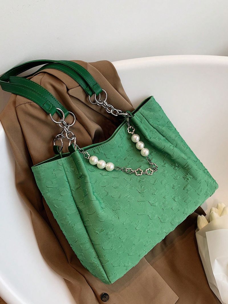 Small Shoulder Tote Bag Ruched Detail Chain & Pearl Decor