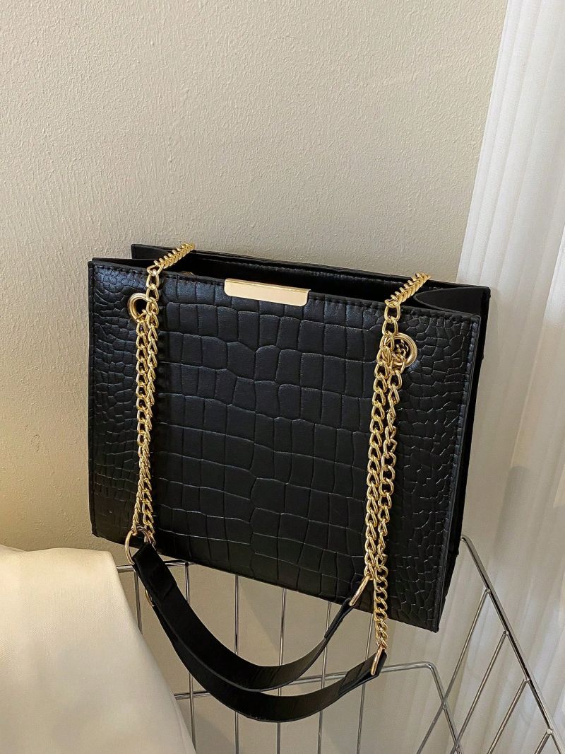 Small Square Bag Crocodile Embossed Eyelet Detail Chain Strap