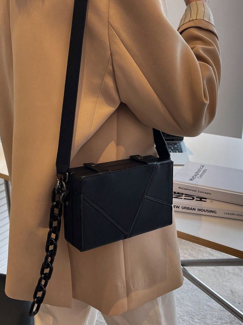 Mini Box Bag Stitch Detail Chain Decor Solid Black