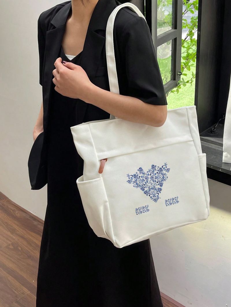 Flower Print Tote Bag Double Handle Casual Style