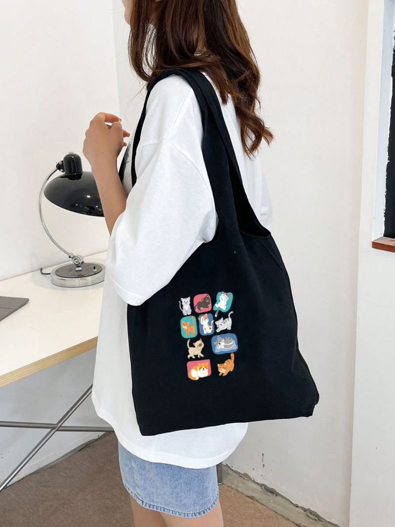 Medium Shopper Bag Cartoon Cat Print Double Handle Canvas