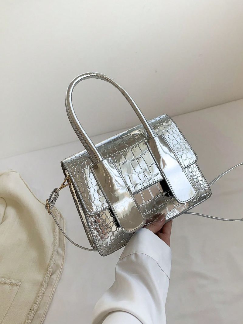 Small Square Bag Crocodile Embossed Top Handle Flap