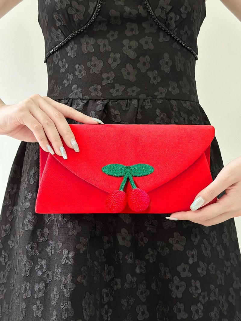 Women Evening Bag Clutch Purse Velvet Handbag Cherry Cute For Lady