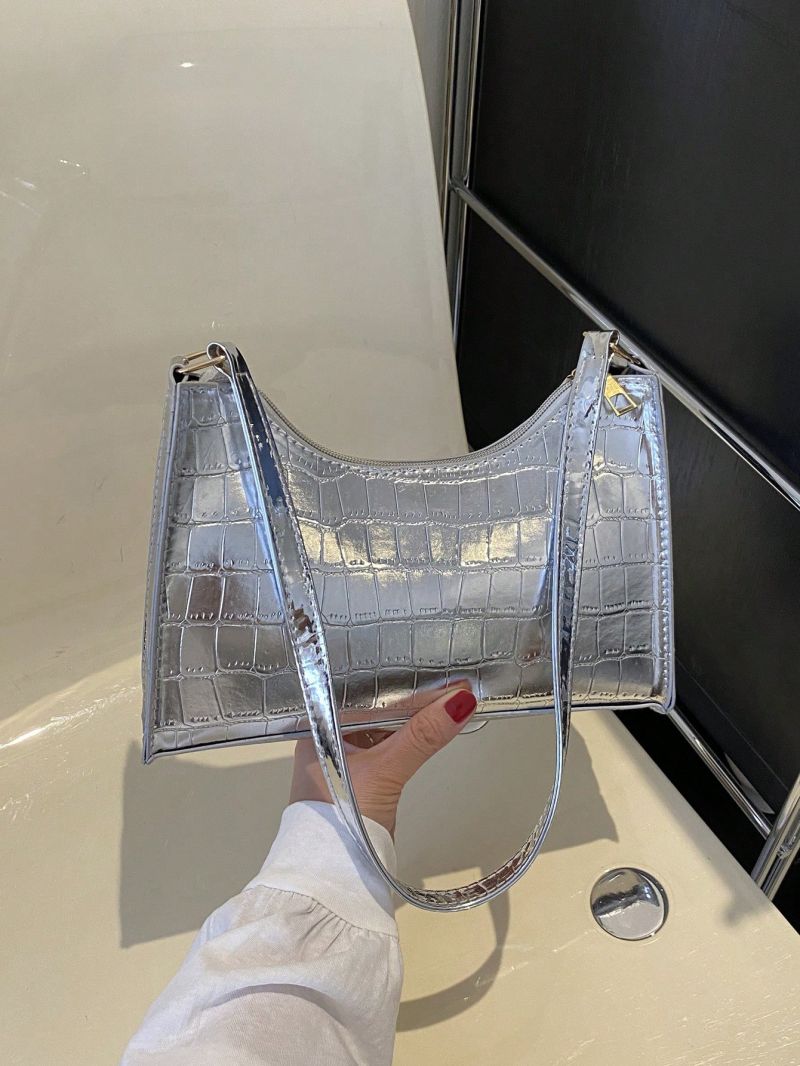 Crocodile Embossed Baguette Bag Zipper Metallic Funky