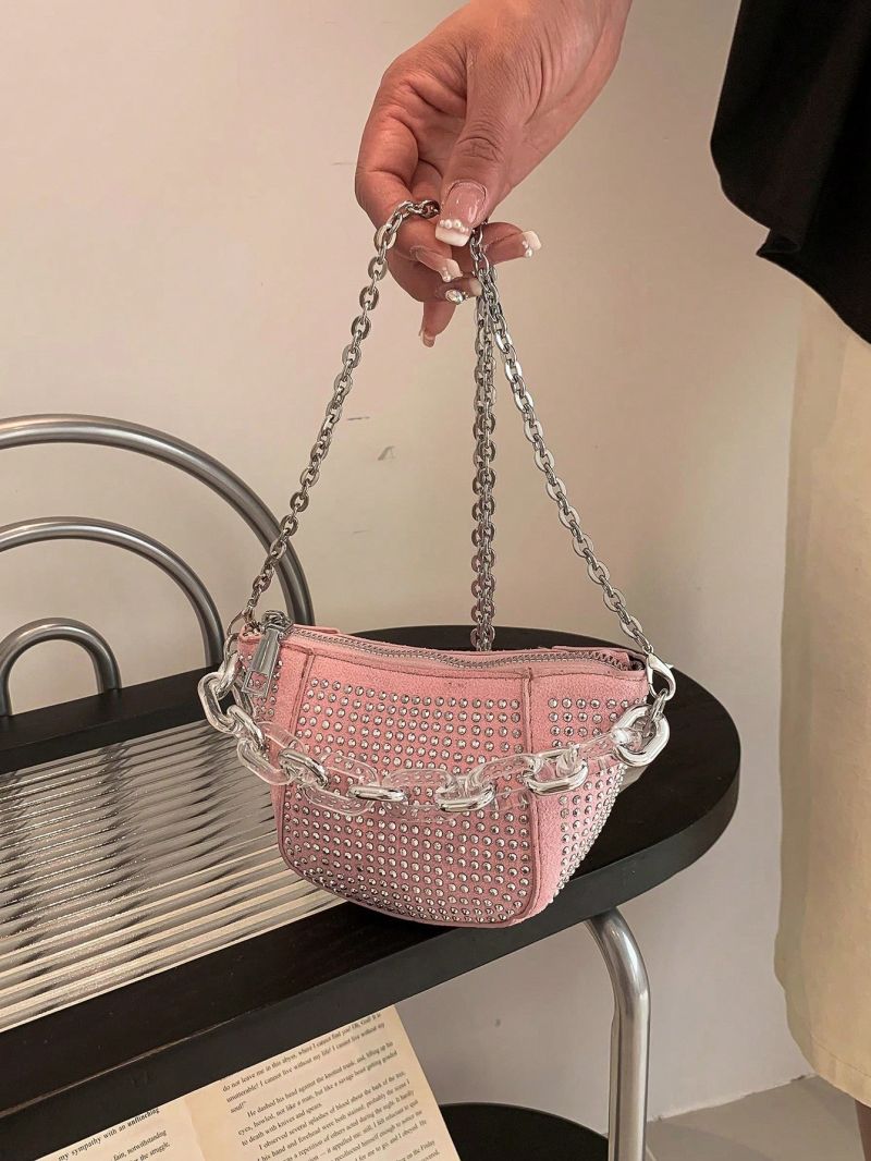 Mini Square Bag Beige Studded & Chain Decor With Zipper