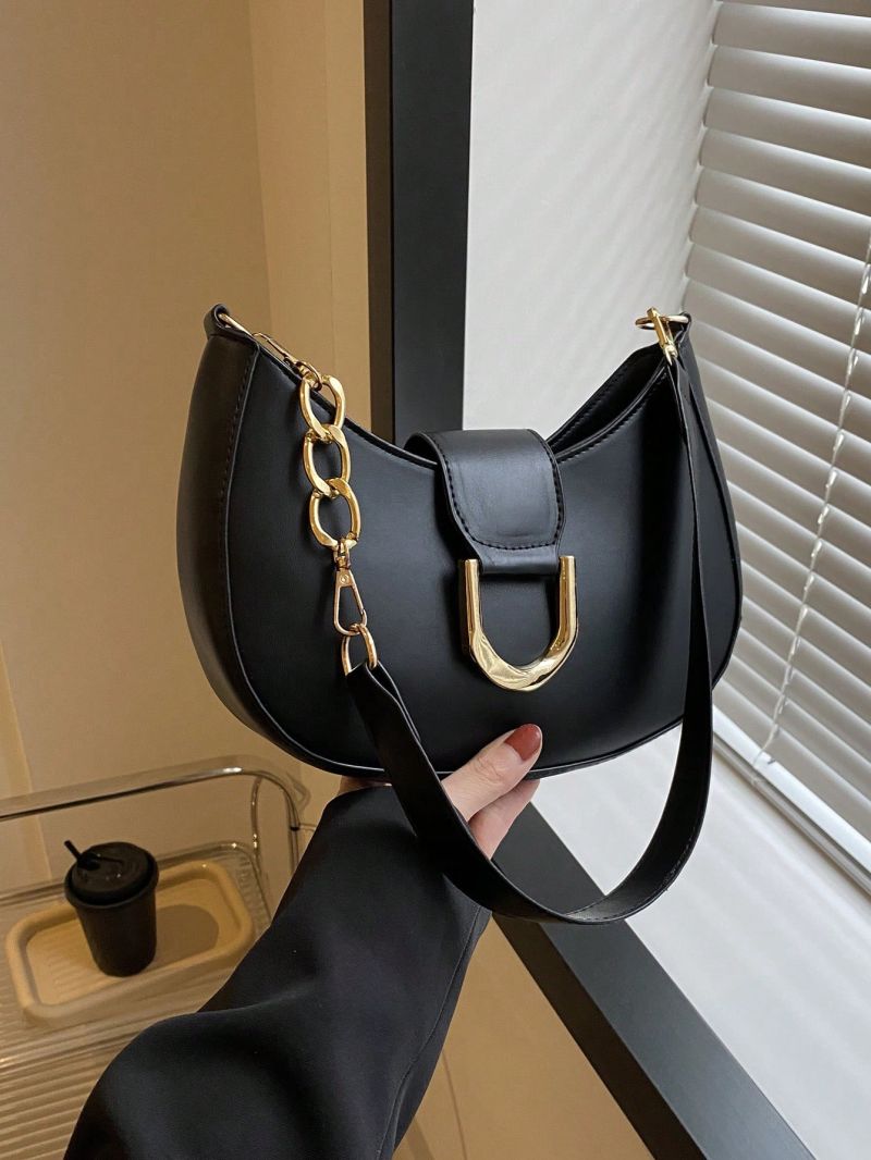 Small Zipper Hobo Bag Fashionable Black Metal Decor