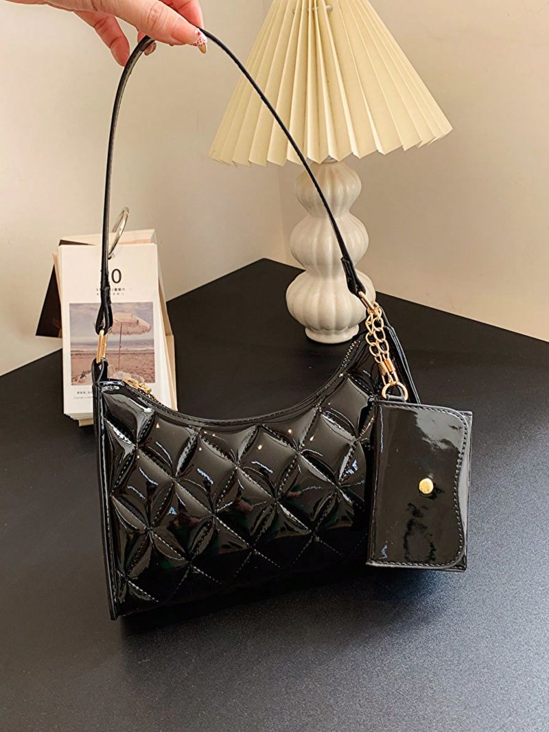 Quilted Baguette Bag With Small Pouch Metallic PU Funky