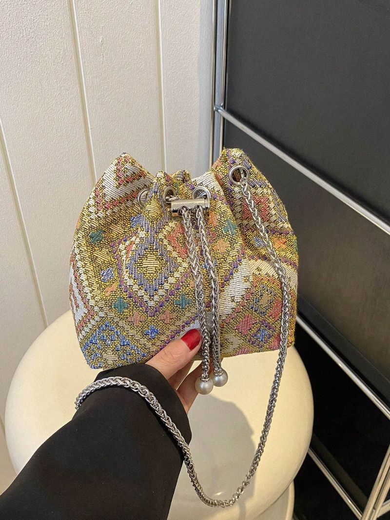Mini Bucket Bag Geometric Pattern Drawstring Design