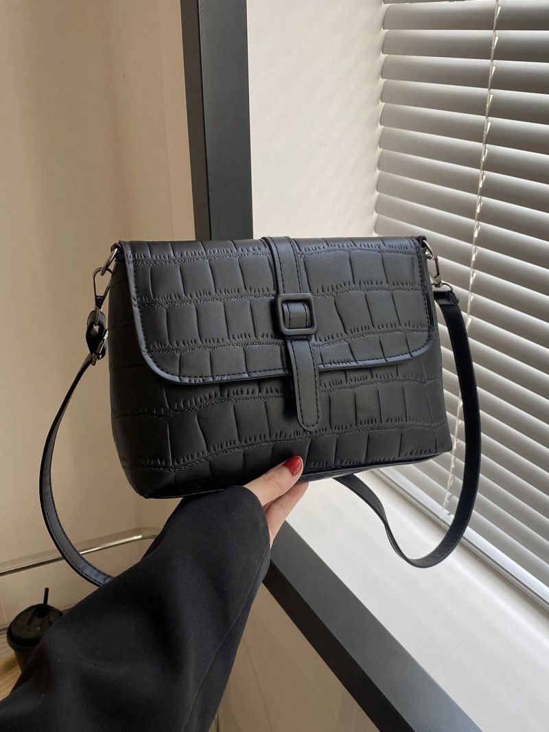 Small Flap Square Bag Crocodile Embossed Buckle Decor Black