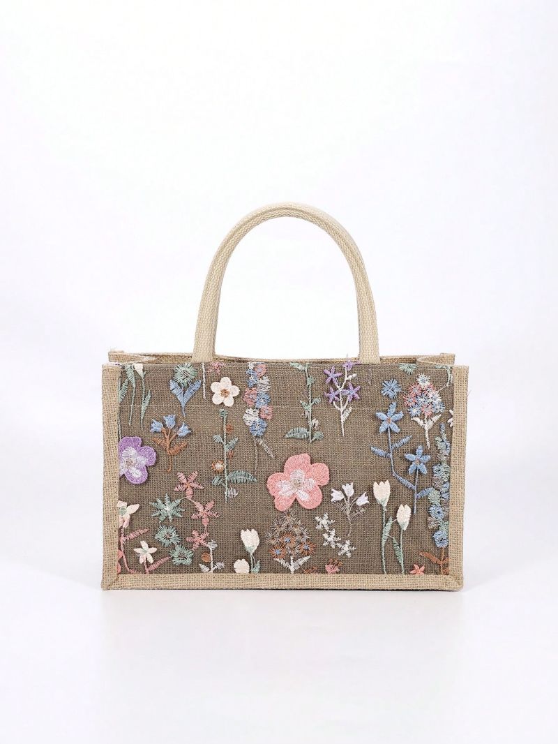 Small Shopper Bag Flower Embroidered No-Closure Vacation Beach Bag