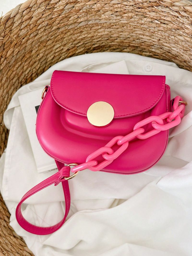 Mini Saddle Bag Hot Pink Metal Decor Flap Fashionable