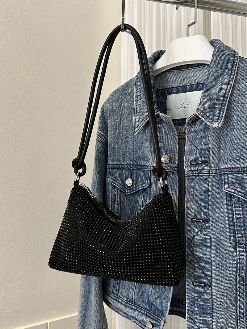 Black Hobo Bag Studded Decor With Zipper