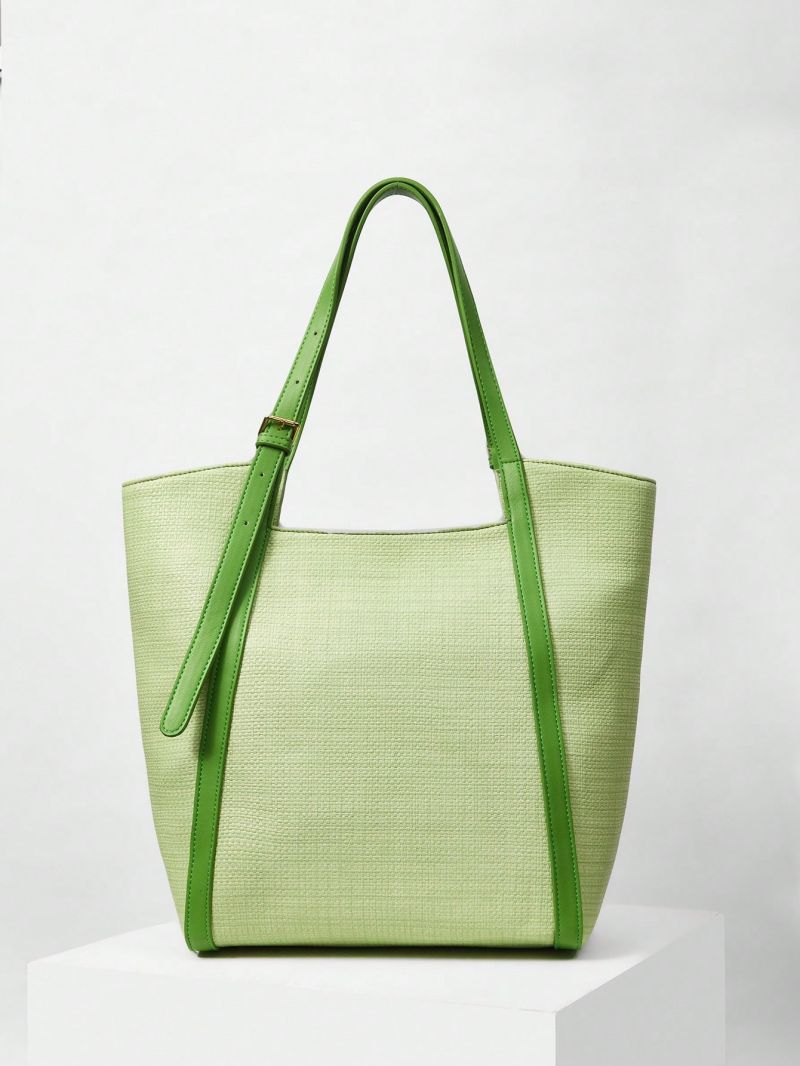 Contrast Binding Shoulder Tote Bag Large Capacity Green