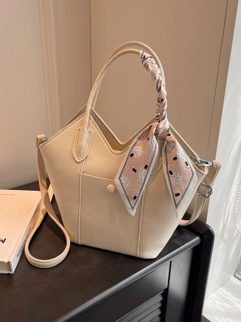 Medium Shoulder Tote Bag Litchi Embossed Button & Twilly Scarf Decor