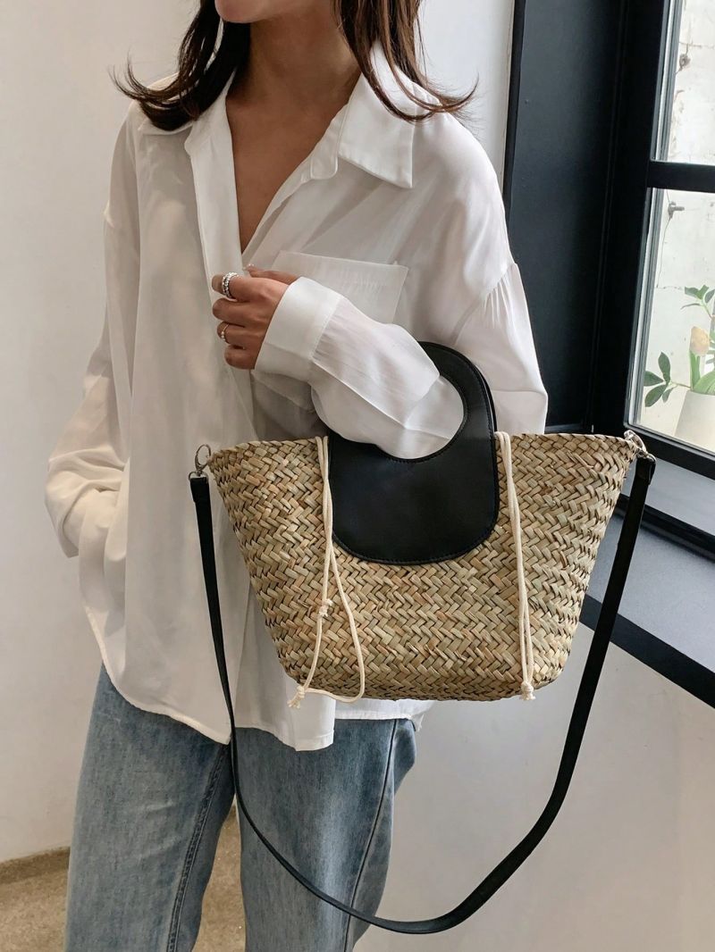 Large Straw Bag Two Tone Drawstring Design