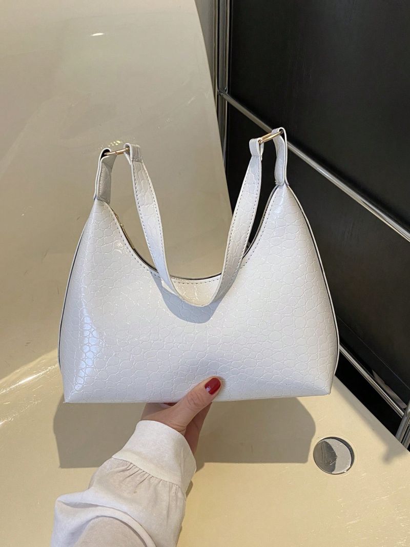 Small Hobo Bag Crocodile Embossed Minimalist White