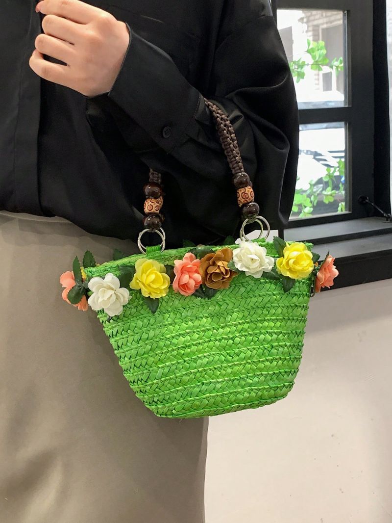 Small Straw Bag Flower & Bead Decor Vacation