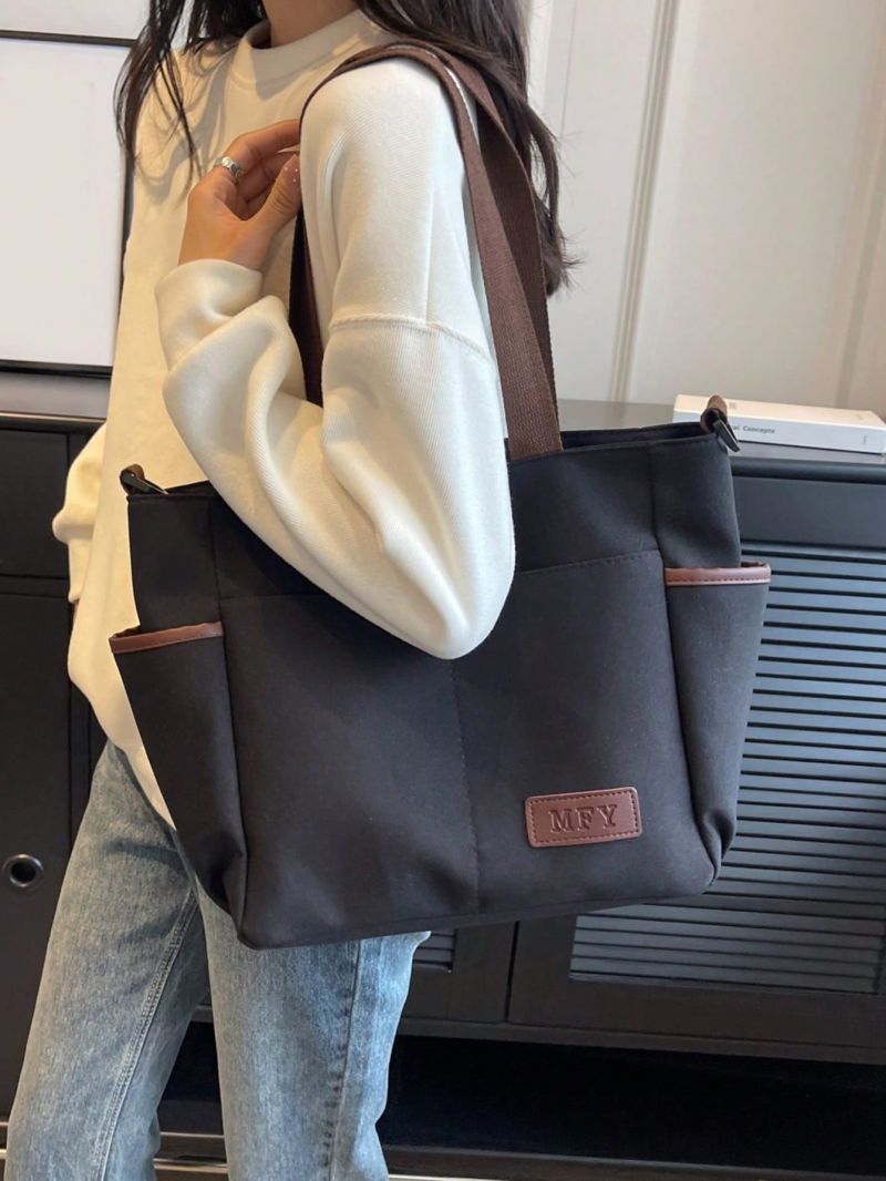 Large Capacity Tote Bag Letter Patch Decor Casual Style