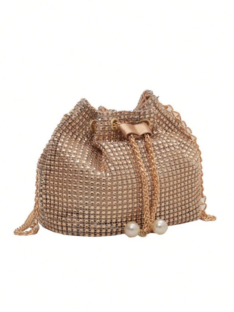 Mini Faux Pearl & Rhinestone Decor Bucket Bag Glamorous Chain, Perfect Bride Purse For Wedding, Prom & Party Events