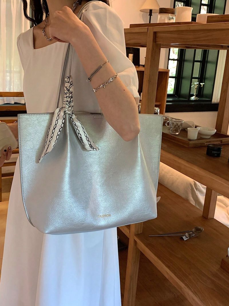 Oversized Tote Bag Metallic Pattern With Twilly Scarf